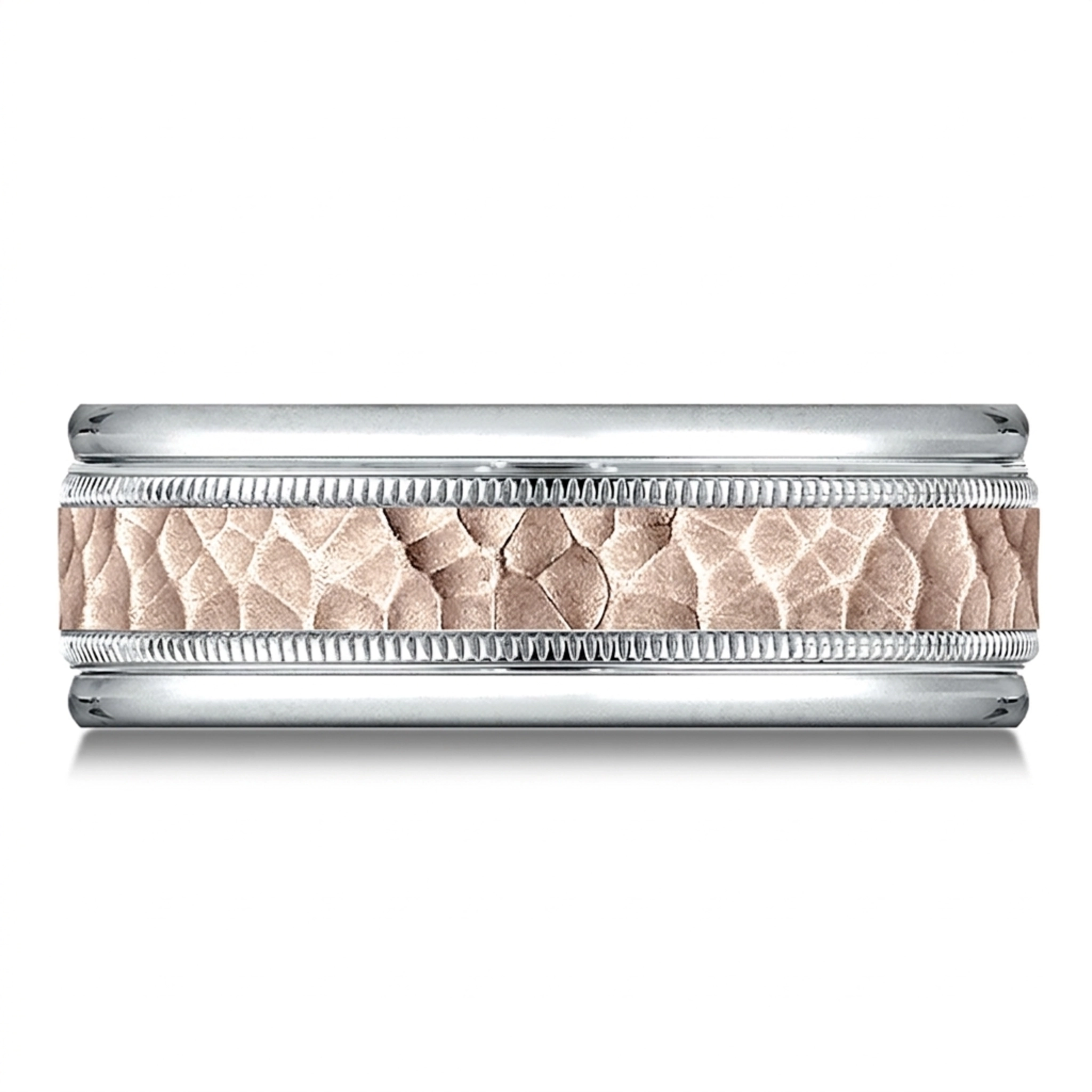 14K white-pink-white gold 8mm. hammer Two-Toned-8mm-Comfort-Fit-Hammer-Finish-Design-Ban - main view