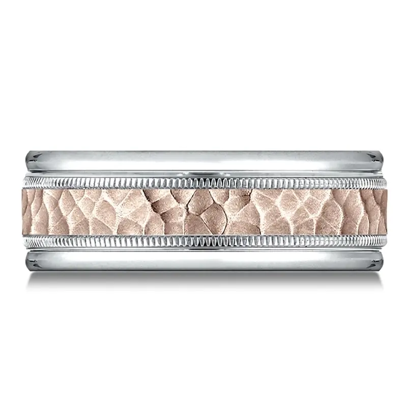 10K white-pink-white gold 8mm. hammer Two-Toned-8mm-Comfort-Fit-Hammer-Finish-Design-Ban - main view