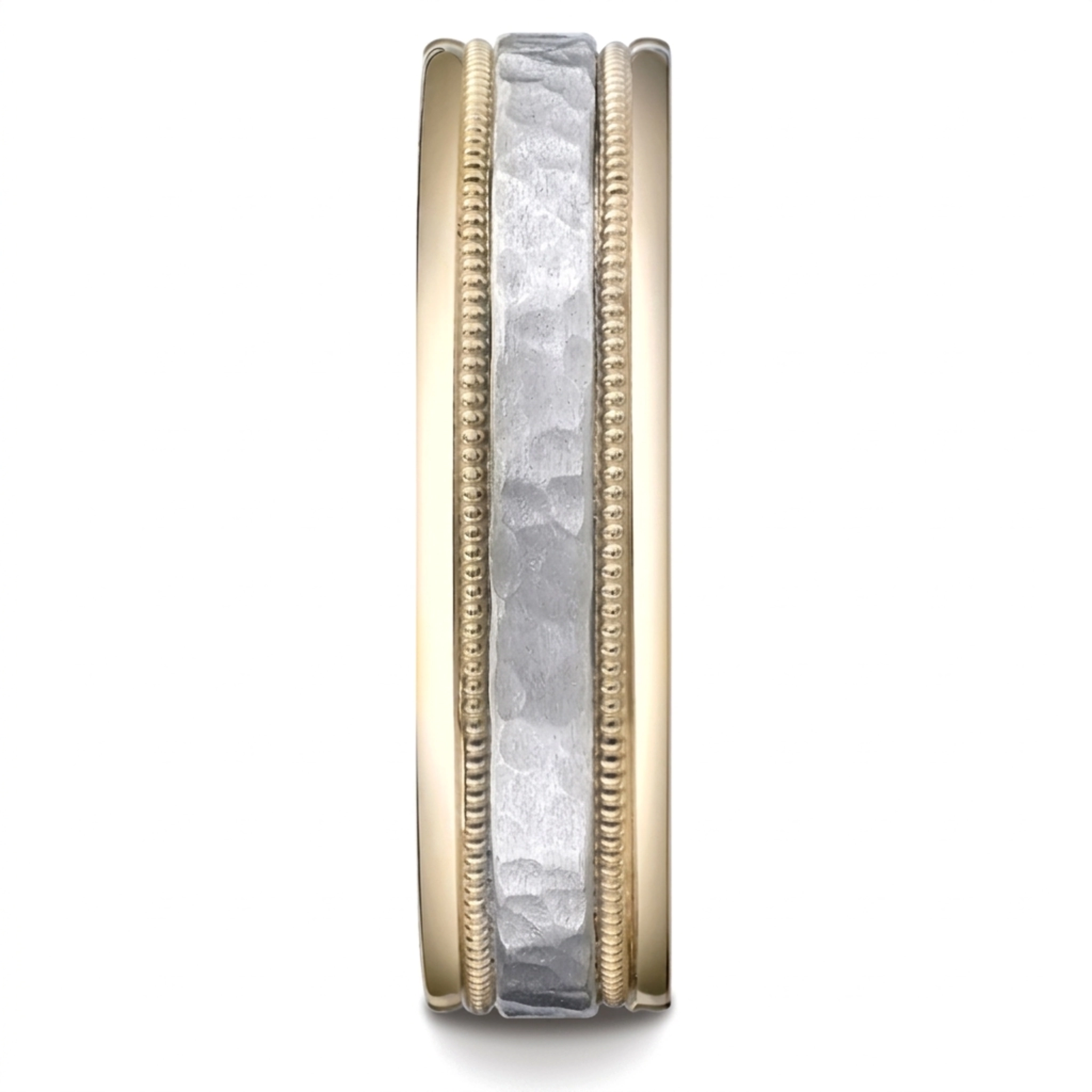 10K same as picture gold 6mm. hammer Two-Toned-6mm-Hammered-Carved-Design-Band - alternate view 2