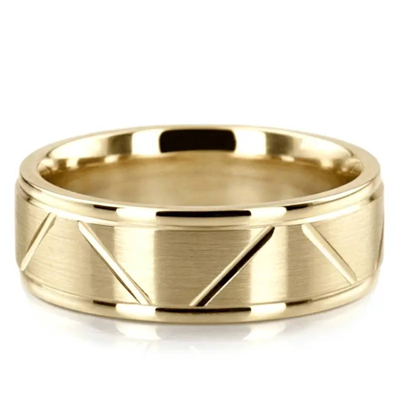 10K yellow gold 7mm. satin basic-diamond-carved-wedding-band - alternate view 2