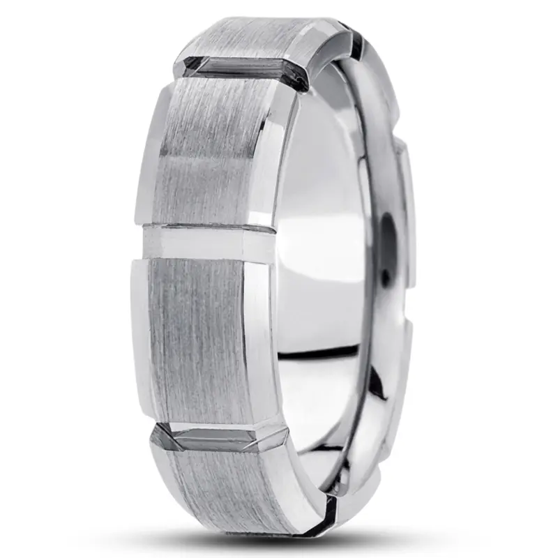 14K white gold 8mm. satin basic-diamond-carved-wedding-ring - alternate view 2