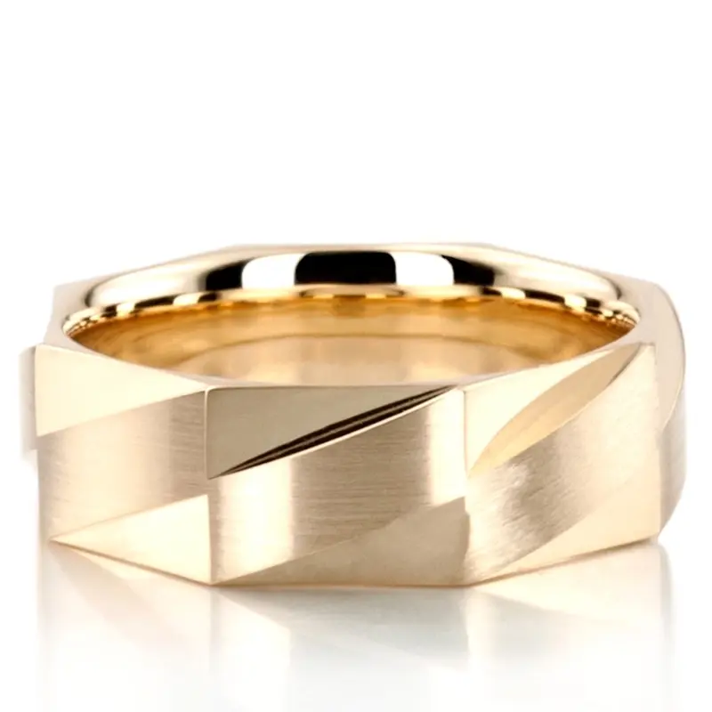 10K yellow gold 7mm. satin basic-diamond-carved-wedding-band - alternate view 2