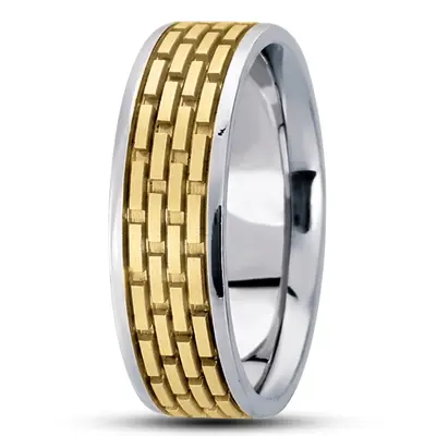 10K white-yellow-white gold 7mm. satin basic-diamond-carved-wedding-ring - alternate view 3 thumbnail