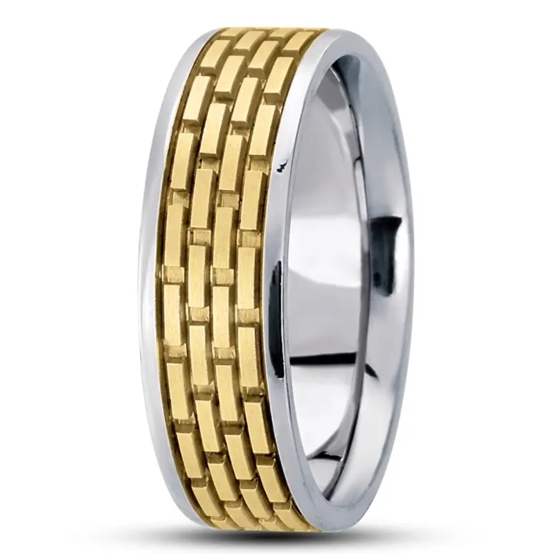 18K white-yellow-white gold 7mm. satin basic-diamond-carved-wedding-ring - alternate view 3