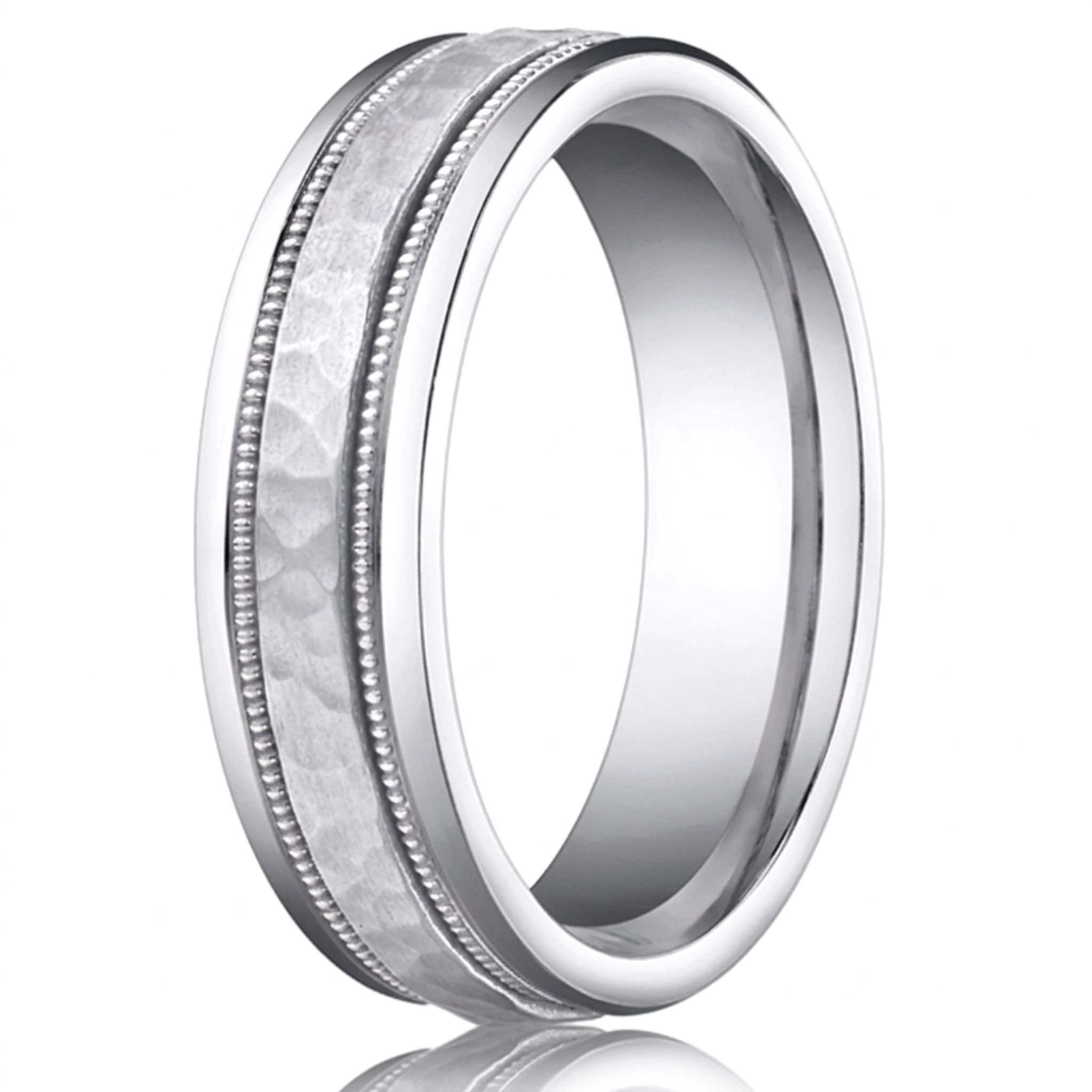 10K white gold 6mm. hammer 6mm-Hammered-Finished-with-Milgrain-Band - alternate view 3