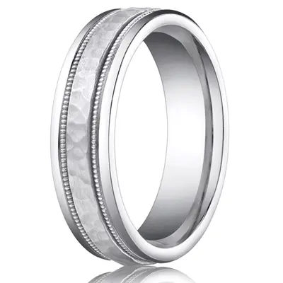 10K white gold 6mm. hammer 6mm-Hammered-Finished-with-Milgrain-Band - alternate view 3 thumbnail