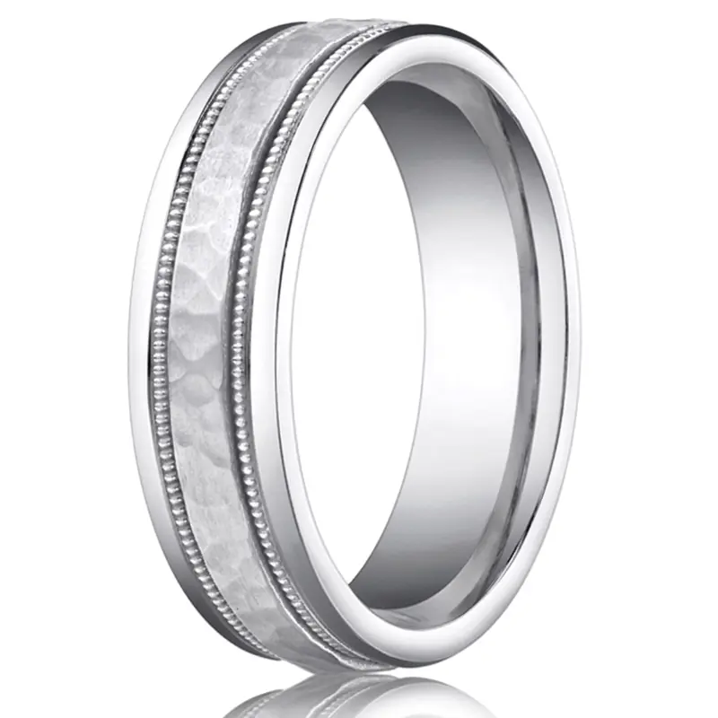 10K white gold 6mm. hammer 6mm-Hammered-Finished-with-Milgrain-Band - alternate view 3