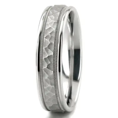 10K white gold 6mm. hammer 6mm-Hammered-Finished-with-Milgrain-Band - alternate view 4 thumbnail