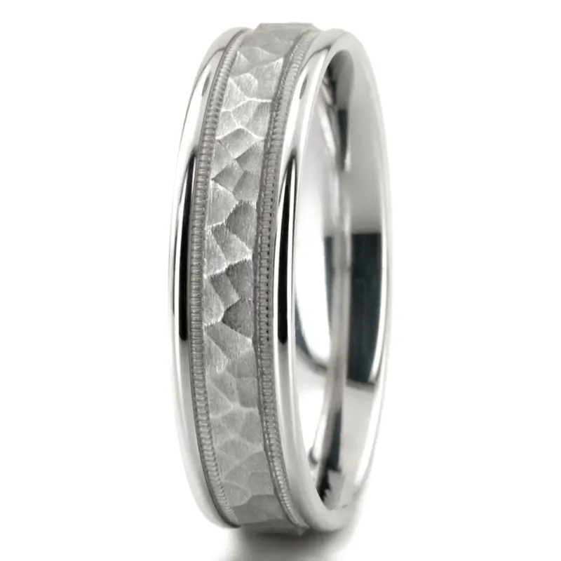 10K white gold 6mm. hammer 6mm-Hammered-Finished-with-Milgrain-Band - alternate view 4