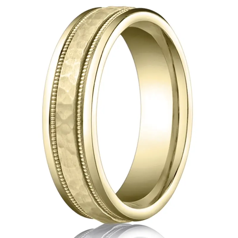 10K yellow gold 6mm. hammer 6mm-Hammered-Finished-with-Milgrain-Band - alternate view 2