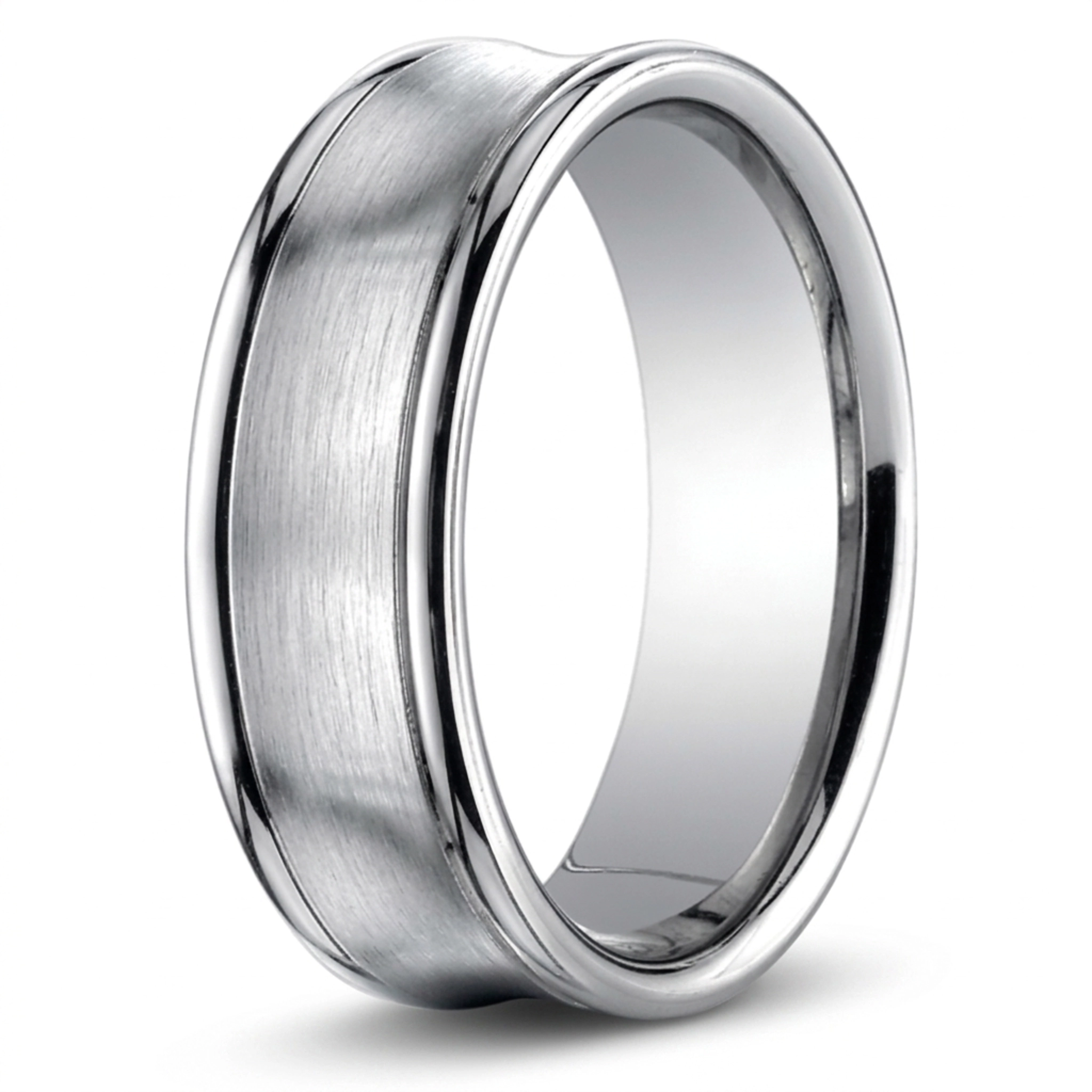 14K white gold 7.5mm. satin Concave-Round-Edge–Carved-Design-Band - main view