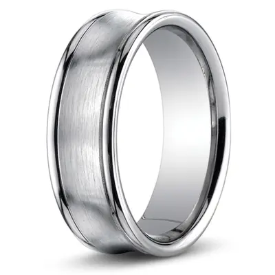 14K white gold 7.5mm. satin Concave-Round-Edge–Carved-Design-Band - main view thumbnail