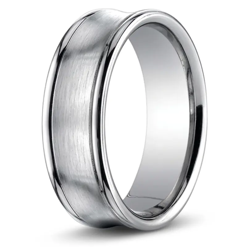 14K white gold 7.5mm. satin Concave-Round-Edge–Carved-Design-Band - main view