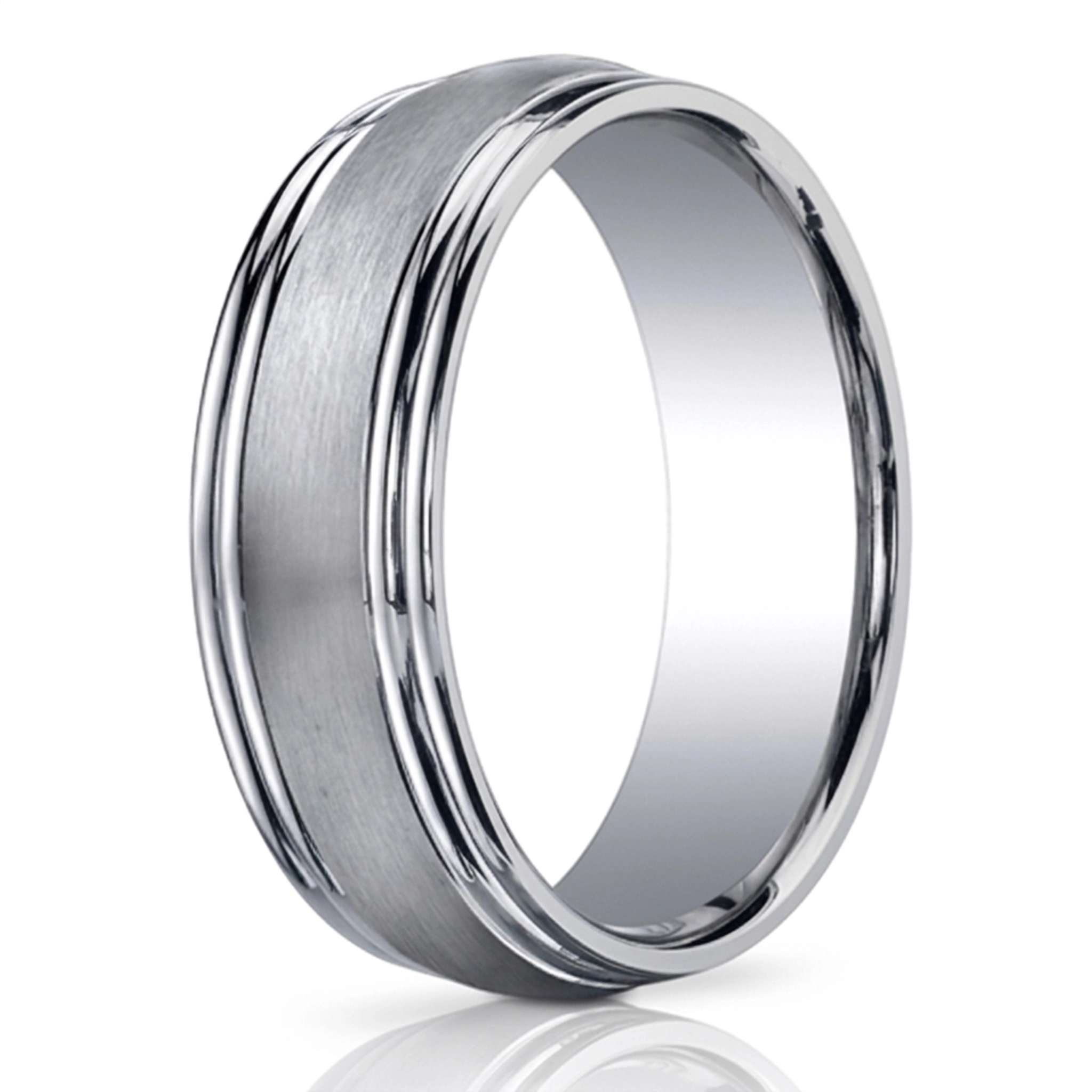 14K white gold 7.5mm. satin Double-Round-Edge-Carved-Design-Band - main view