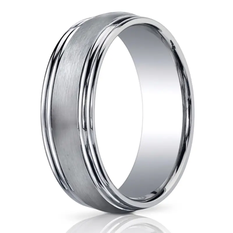 14K white gold 7.5mm. satin Double-Round-Edge-Carved-Design-Band - main view