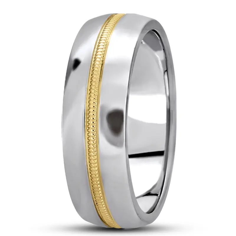 18K white-yellow-white gold 7mm. high polish basic-carved-simple-wedding-bands - main view
