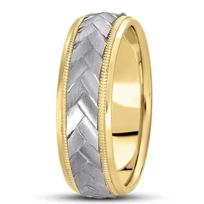 10K yellow-white-yellow gold 7mm. satin basic-carved-diamond-cut-wedding-band - alternate view 4 thumbnail