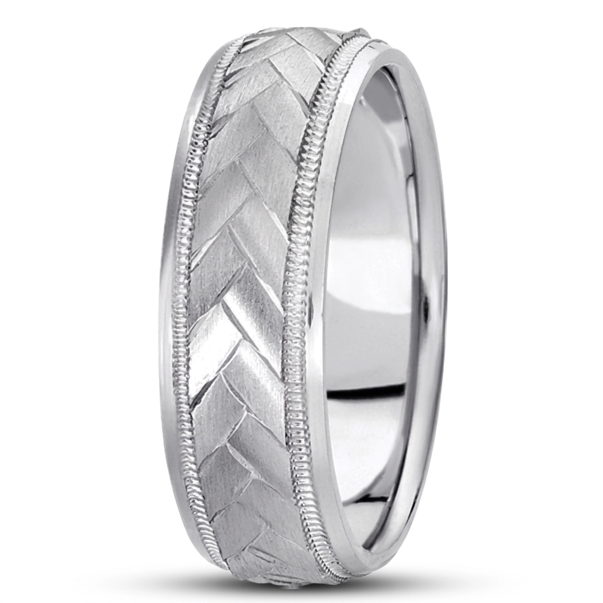10K white gold 7mm. satin basic-carved-diamond-cut-wedding-band - main view