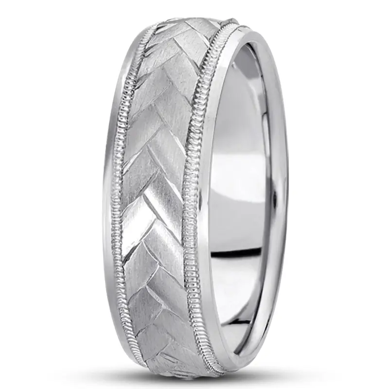10K white gold 7mm. satin basic-carved-diamond-cut-wedding-band - main view