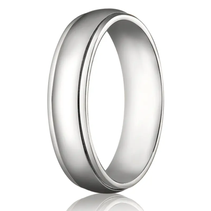 14K all white gold 6mm. high polish 6mm-Comfort-Fit-High-Polished-Carved-Design-Band - main view