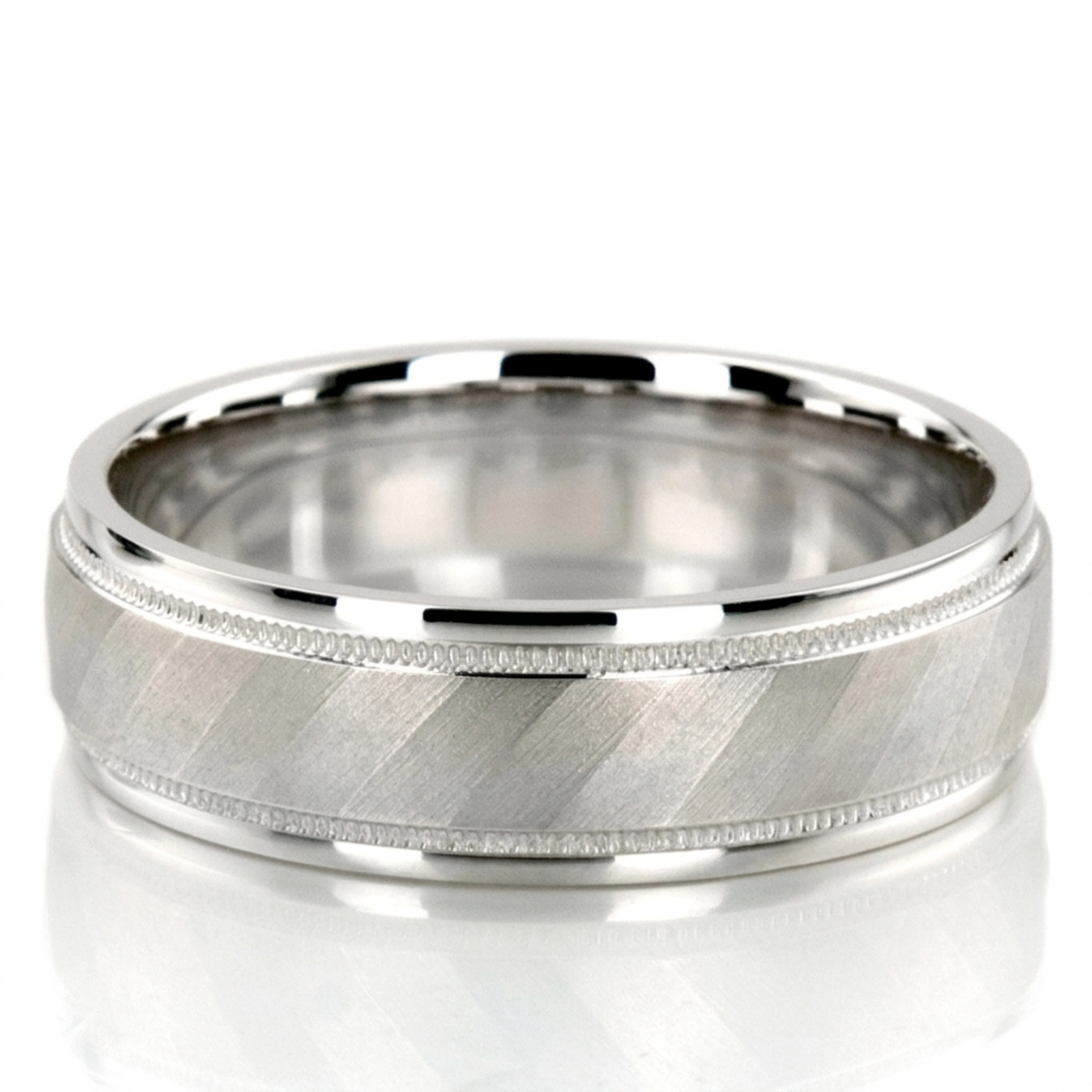 10K white gold 7mm. glass-bead basic-diamond-carved-wedding-band - main view