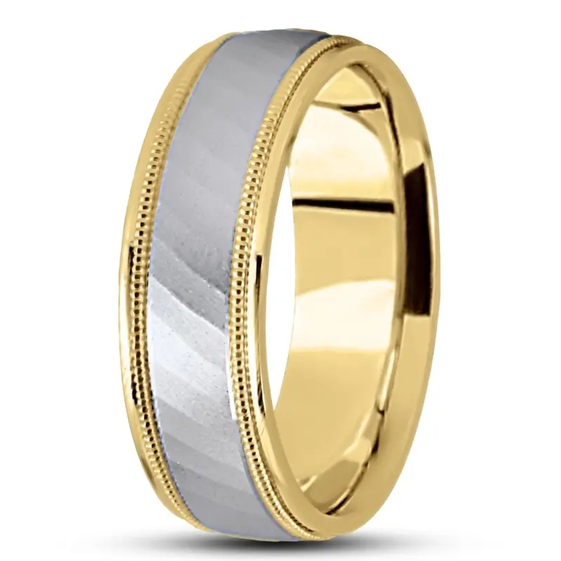 10K yellow-white-yellow gold 7mm. glass-bead basic-diamond-carved-wedding-band - alternate view 5