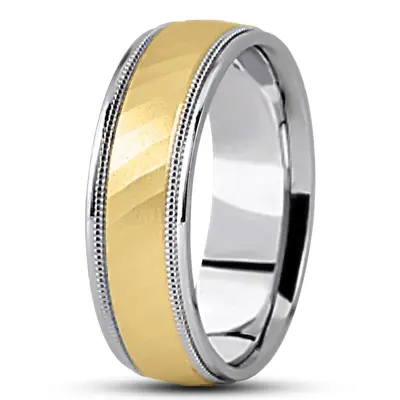 10K white-yellow-white gold 7mm. glass-bead basic-diamond-carved-wedding-band - alternate view 4 thumbnail