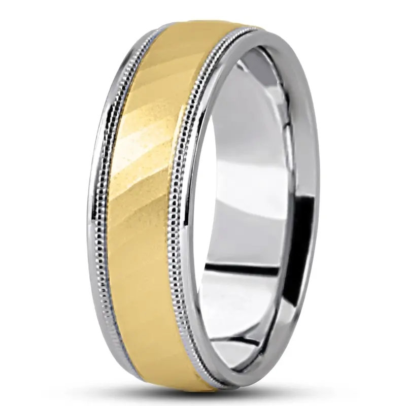 10K white-yellow-white gold 7mm. glass-bead basic-diamond-carved-wedding-band - alternate view 4