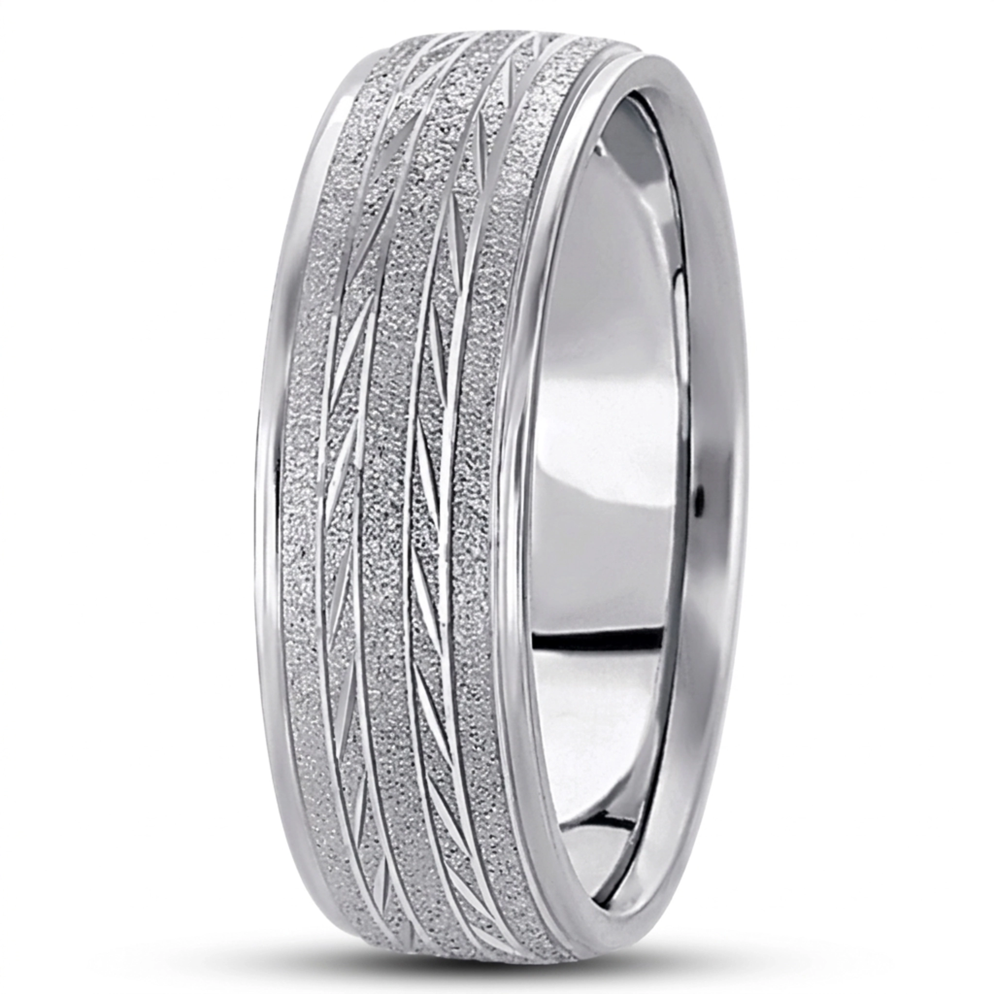 10K white gold 7mm. stone finish basic-diamond-carved-wedding-band - main view