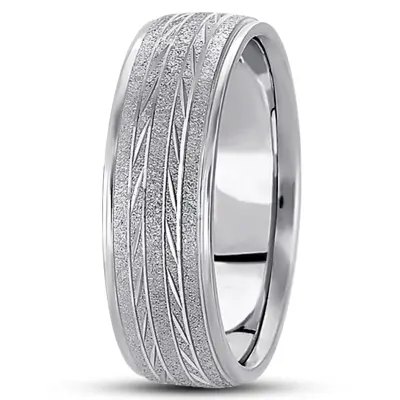 10K white gold 7mm. stone finish basic-diamond-carved-wedding-band - main view thumbnail