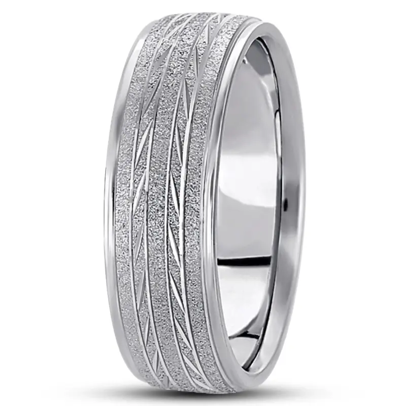 10K white gold 7mm. stone finish basic-diamond-carved-wedding-band - main view