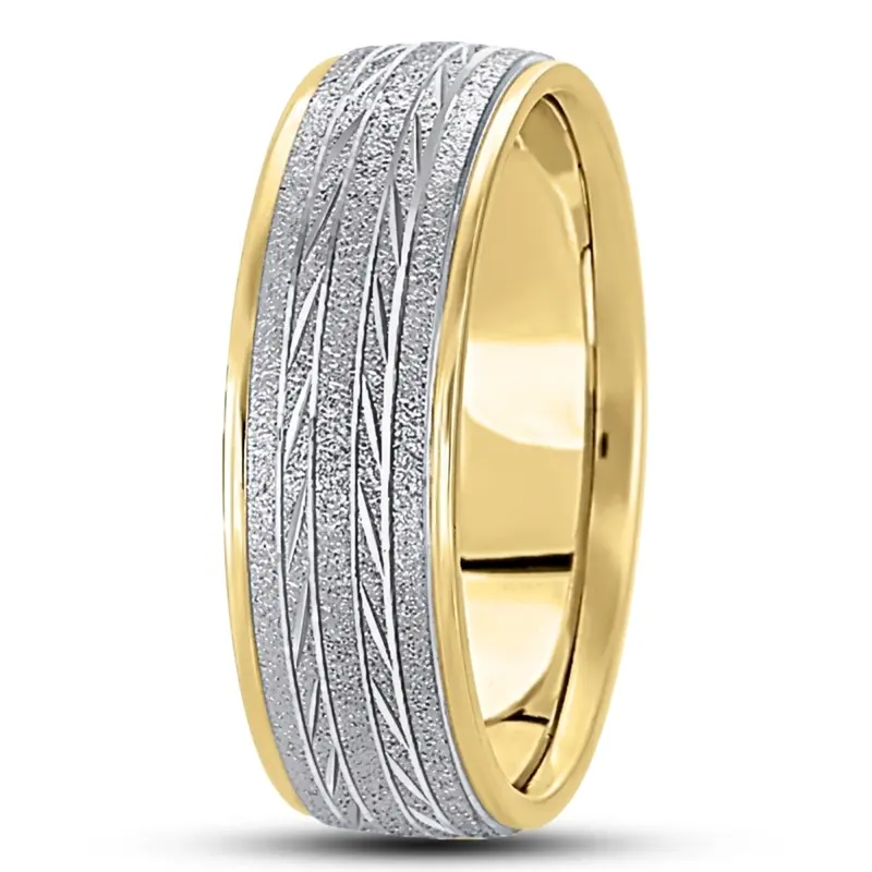 10K yellow-white-yellow gold 7mm. stone finish basic-diamond-carved-wedding-band - alternate view 5