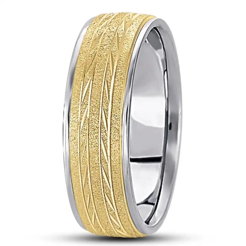 10K white-yellow-white gold 7mm. stone finish basic-diamond-carved-wedding-band - alternate view 6