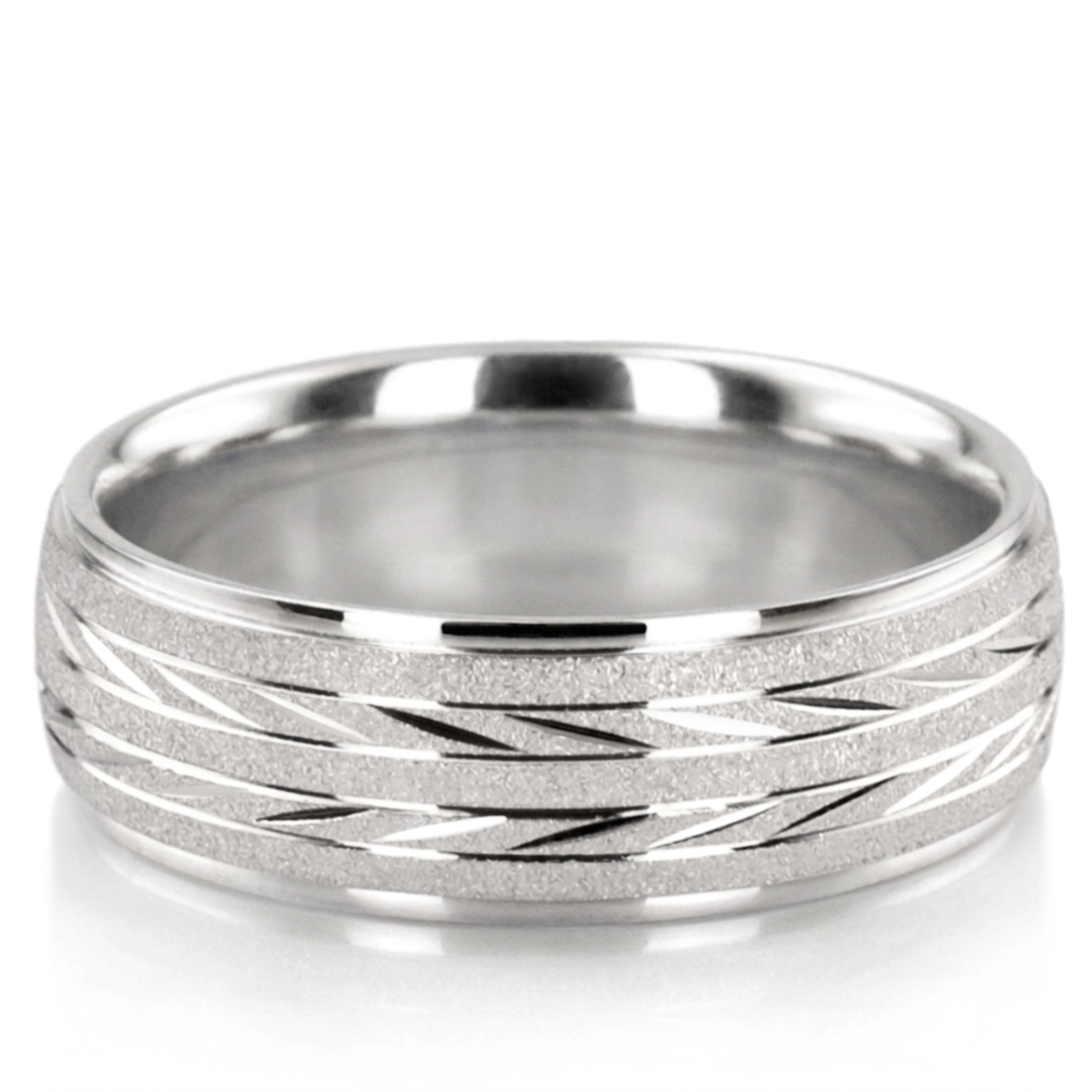 10K white gold 7mm. cross satin basic-diamond-carved-wedding-band - alternate view 3