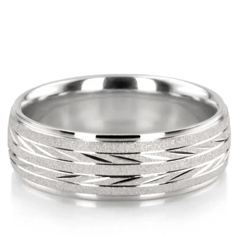 10K white gold 7mm. cross satin basic-diamond-carved-wedding-band - alternate view 3