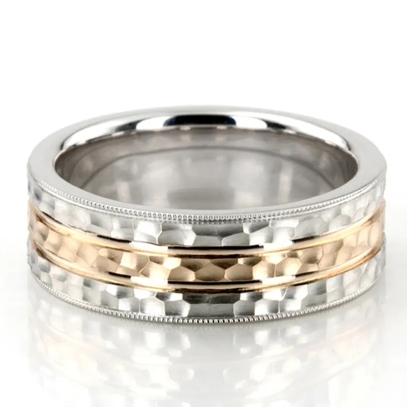 10K white-yellow-white gold 7.5mm. hammer basic-diamond-carved-wedding-band - alternate view 2