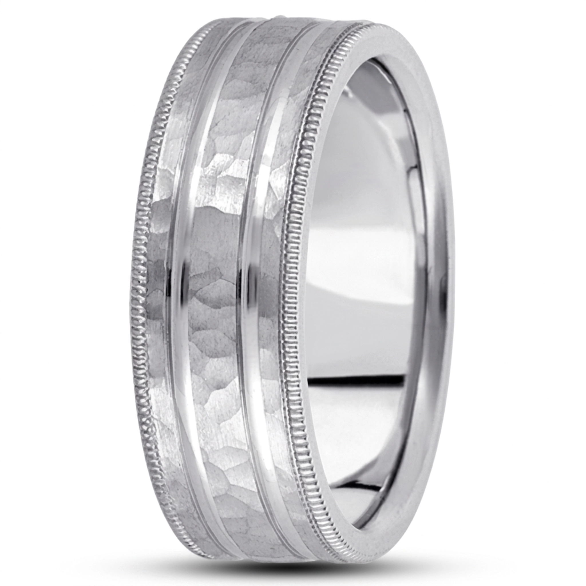 10K white gold 7mm. hammer basic-diamond-carved-wedding-band - main view