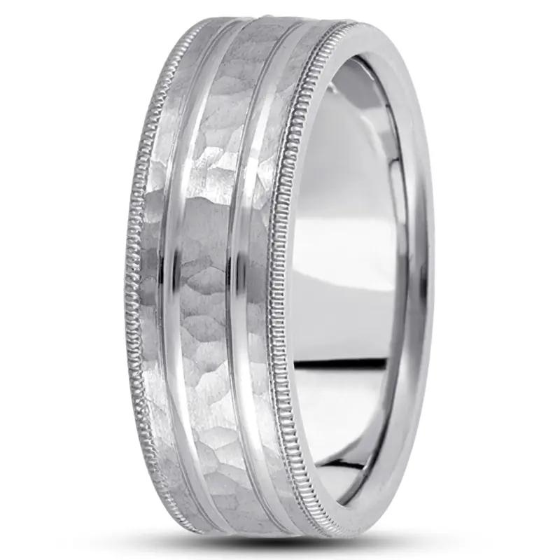 10K white gold 7mm. hammer basic-diamond-carved-wedding-band - main view