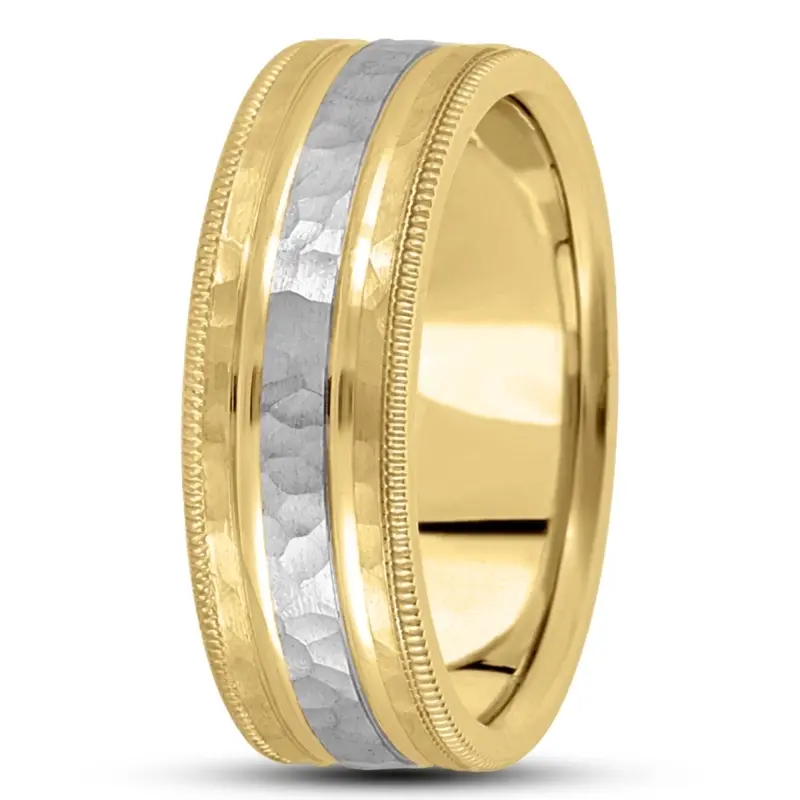 10K yellow-white-yellow gold 7mm. hammer basic-diamond-carved-wedding-band - alternate view 4