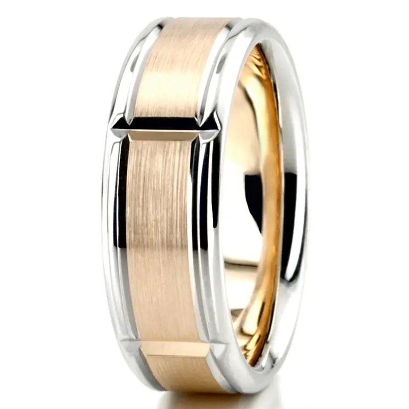 14K white-yellow-white gold 7mm. satin basic-diamond-carved-wedding-ring - main view