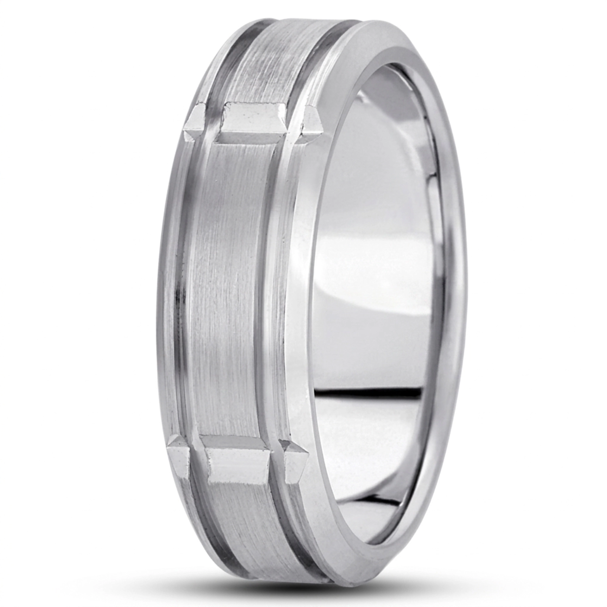 10K white gold 7mm. satin basic-diamond-carved-wedding-ring - main view