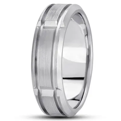 10K white gold 7mm. satin basic-diamond-carved-wedding-ring - main view thumbnail
