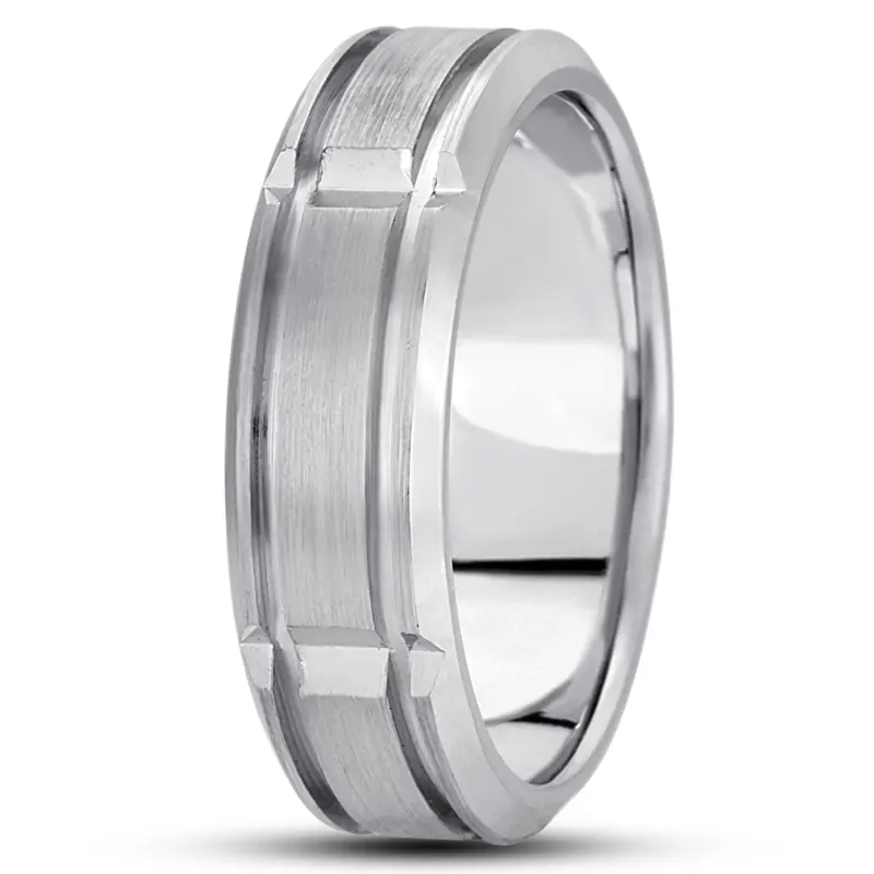 14K white gold 7mm. satin basic-diamond-carved-wedding-ring - alternate view 2