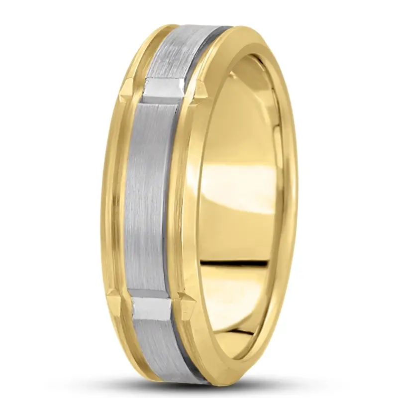 14K yellow-white-yellow gold 7mm. satin basic-diamond-carved-wedding-ring - alternate view 4