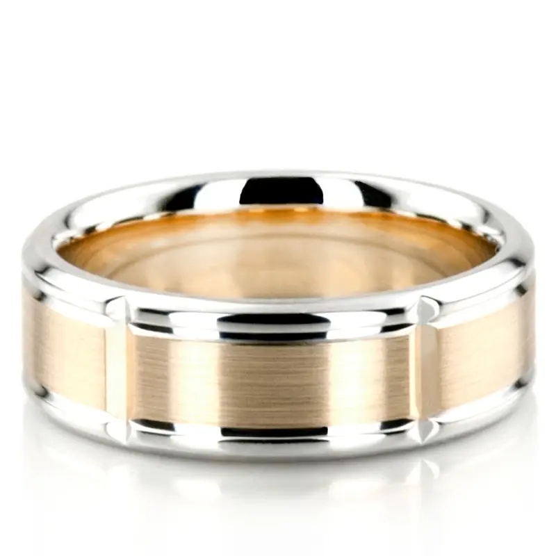 14K white-yellow-white gold 7mm. satin basic-diamond-carved-wedding-ring - alternate view 5