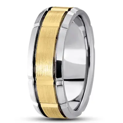 10K white-yellow-white gold 8.5mm. satin basic-diamond-carved-wedding-ring - alternate view 2 thumbnail