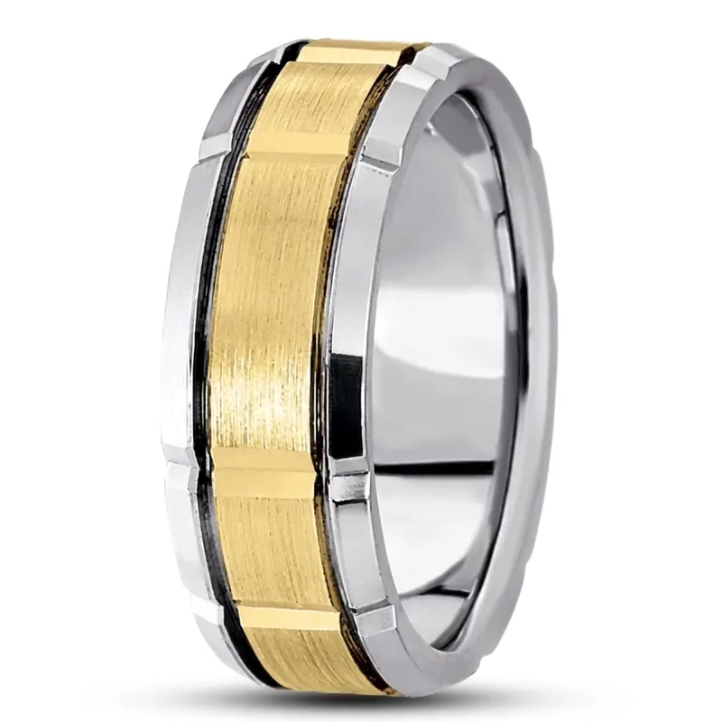 10K white-yellow-white gold 8.5mm. satin basic-diamond-carved-wedding-ring - alternate view 2