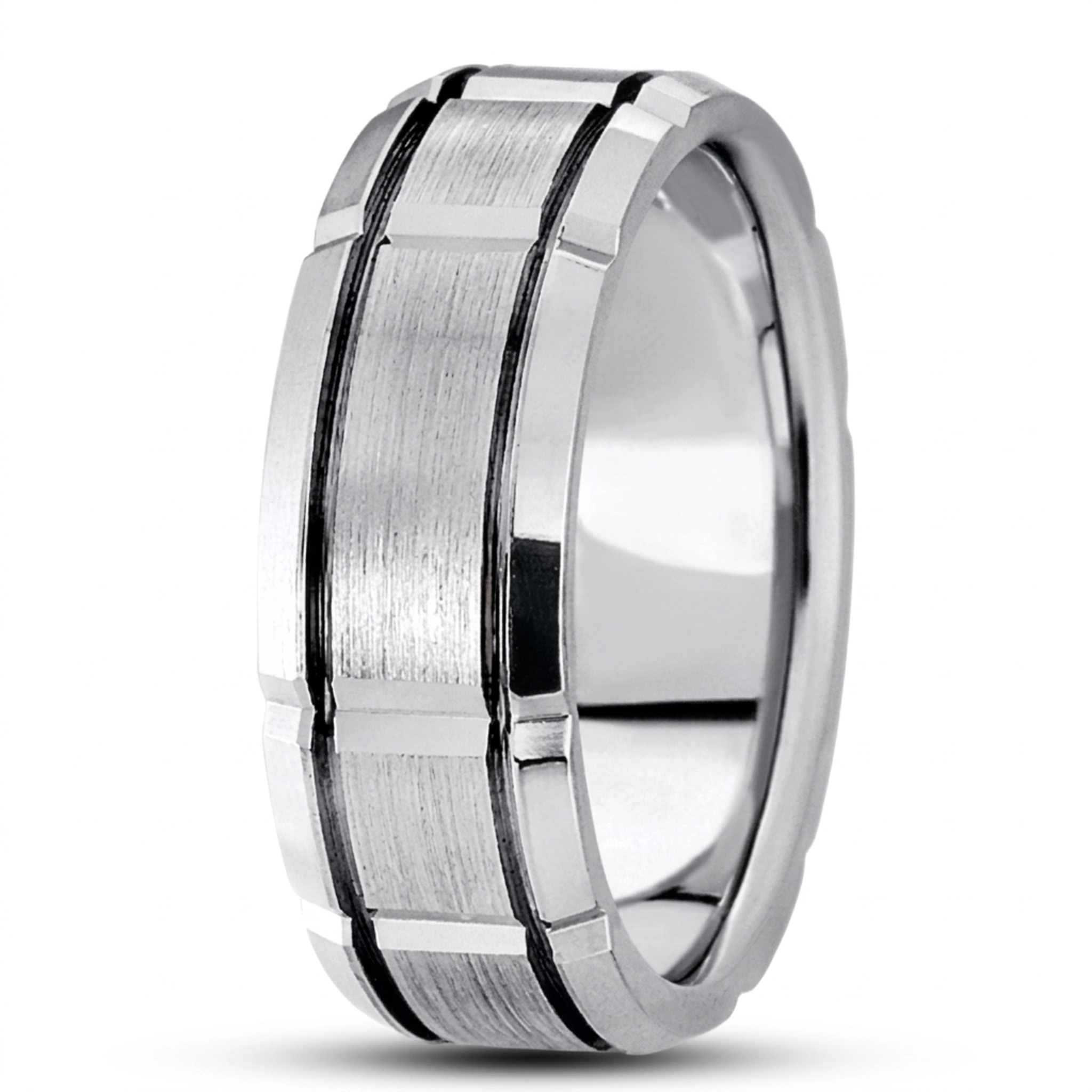 10K white gold 8.5mm. satin basic-diamond-carved-wedding-ring - main view