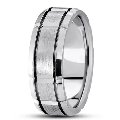 10K white gold 8.5mm. satin basic-diamond-carved-wedding-ring - main view thumbnail