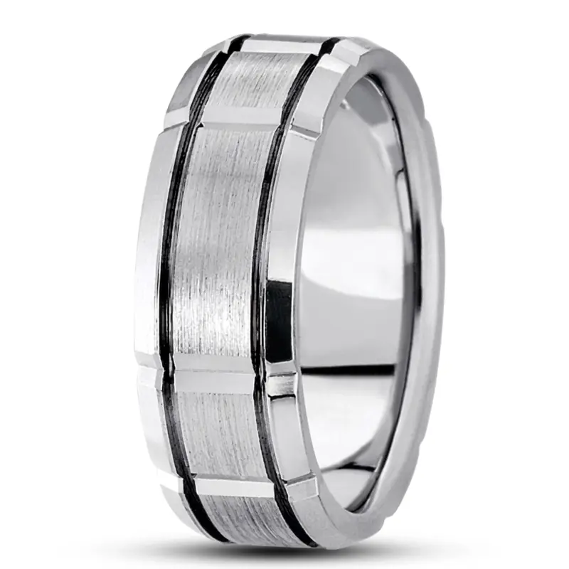 10K white gold 8.5mm. satin basic-diamond-carved-wedding-ring - main view